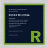 Modern and casual, this Contemporary Bar Mitzvah Invitation. The color scheme - navy and green - lights up your celebration details!