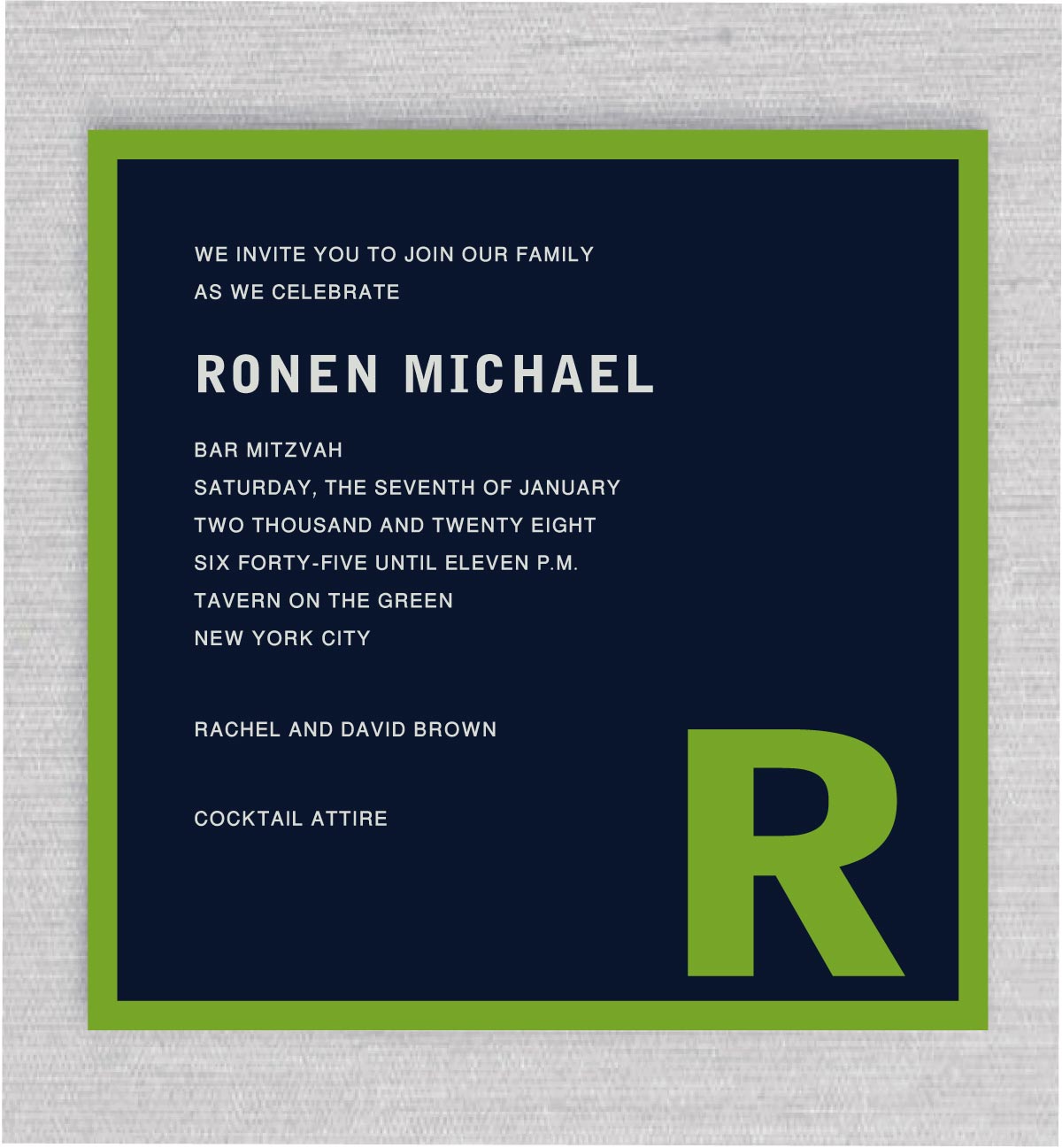 Modern and casual, this Contemporary Bar Mitzvah Invitation. The color scheme - navy and green - lights up your celebration details!