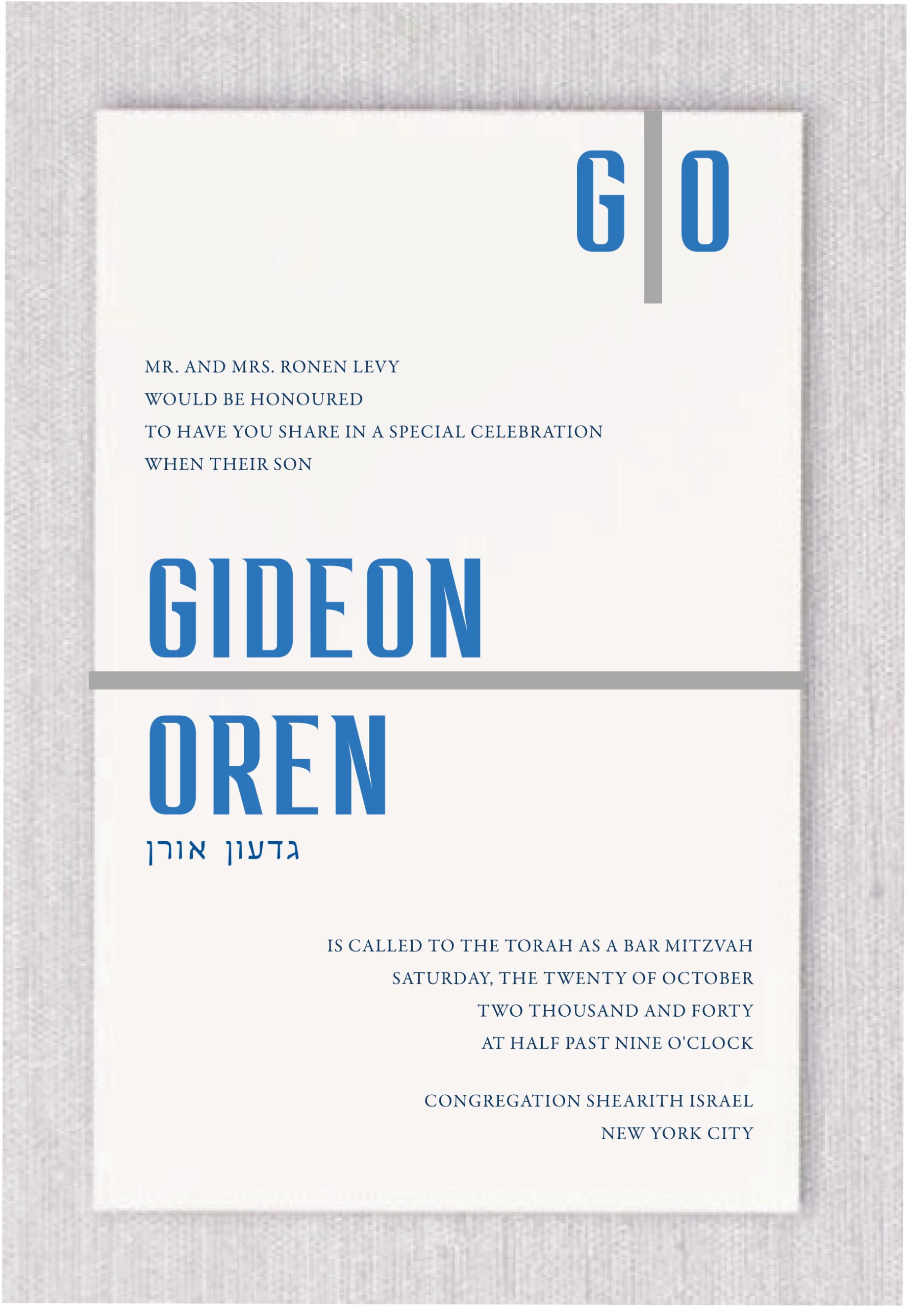 This striking design combines deep tradition with a modern aesthetic to create a memorable first impression for a milestone event. The Among the Blue and Lapis Bar Mitzvah Invitations feature a bold two toned layout that provides a high impact look for any celebration. The centerpiece of this invitation is the custom name display, which pairs large modern block lettering with classic Hebrew script for a timeless feel. Each invitation is meticulously formatted to include the Hebrew name directly beneath the English for a personalized and culturally significant touch.