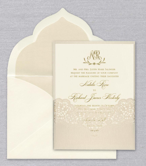 Lace Pocket with Ecru Elegant Wedding Invitation