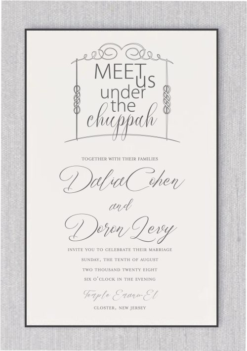 When it comes to this invitation Meet us under the Chuppah in Charcoal, everything from the ecru paper to the chuppah illustration is dreamy.