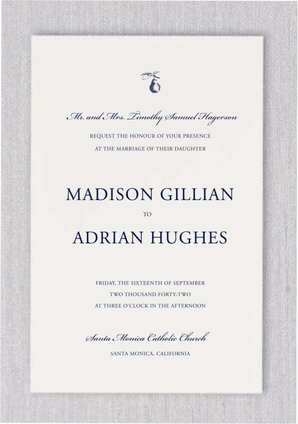 This elegant wedding invitation features a refined blend of script and sophisticated fonts, perfect for a couple with a taste for timeless, classic style. At the top of the invitation, an etching of a pear icon symbolizes the couple as a "perfect pair" — a metaphor for their beautiful union. Below, the couple’s names are presented in a clean, elegant serif font, adding a sense of grace and refinement. The thoughtful combination of fonts and the symbolic pear creates a harmonious, upscale design, reflecting the couple’s journey together and their lifelong commitment.