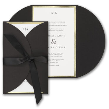 This wedding invitation is a decorative treasure! Wrap your card in a beautiful navy shimmer wrap and tie it together with a satin ribbon.