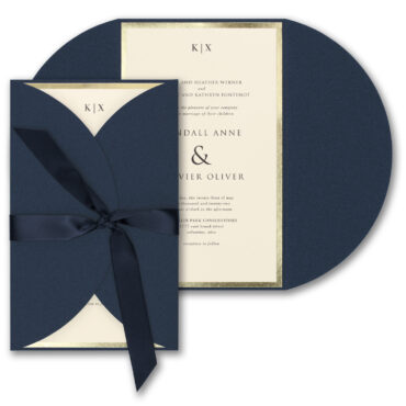 This wedding invitation is a decorative treasure! Wrap your card in a beautiful navy shimmer wrap and tie it together with a satin ribbon.