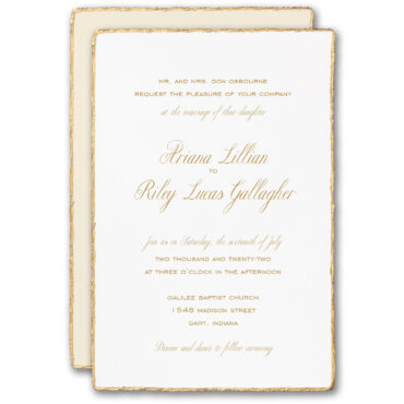 A gold feather deckle edge decorates this wedding invitation on thick, rich paper.