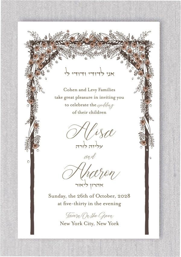 Indulge in opulence with our regal card, adorned by the grace of floral peach roses enveloping the Chuppah. Tailored for weddings and special celebrations, this invitation epitomizes sheer elegance. The Hebrew inscription 'I am my beloved's and my beloved is mine' in Hebrewe imparts a unique charm, and the names of the bride and groom, presented in ornate script, elevate this invitation to the pinnacle of sophistication.