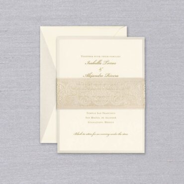 A classic pearl border frames delicate type to a stunning effect in the invitation. Pair it with an optional lace wrap and the complementary envelope liner of your choice.