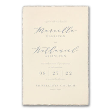 A pearl feather deckle edge decorates this classic wedding invitation and adds a unique touch to your names and wording.