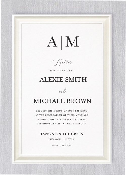 This wedding invitation exudes timeless elegance, blending classic sophistication with modern design. A delicate pearl border frames the card, adding a touch of refinement and grace. At the top, a sleek, contemporary monogram captures the eye, setting the tone for the celebration. The names of the bride and groom are displayed prominently in bold, modern typography, ensuring they stand out beautifully. This harmonious combination of traditional and contemporary elements makes the invitation both elegant and stylish, perfect for couples looking to make a statement of and charm.