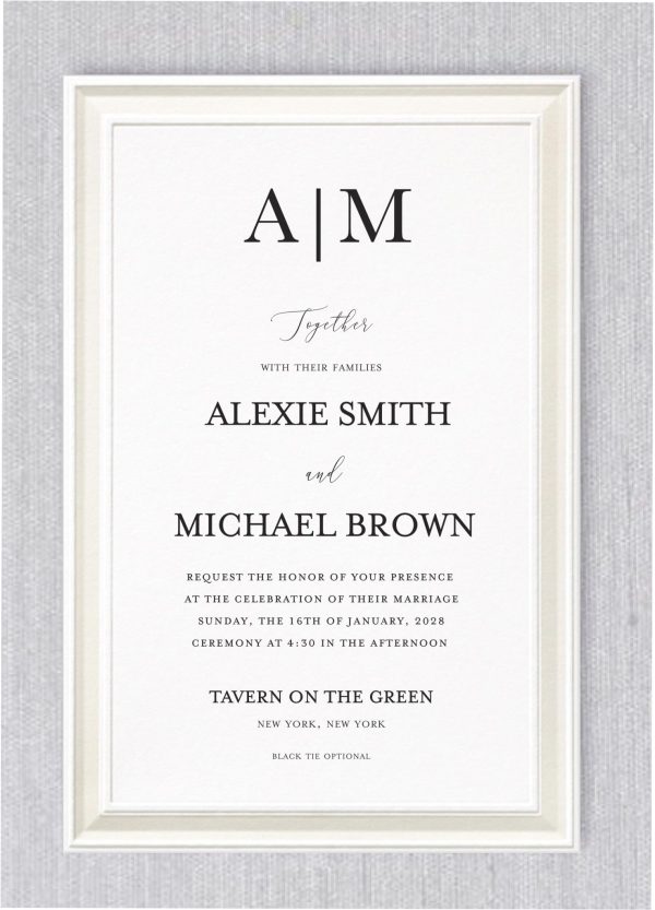 This wedding invitation exudes timeless elegance, blending classic sophistication with modern design. A delicate pearl border frames the card, adding a touch of refinement and grace. At the top, a sleek, contemporary monogram captures the eye, setting the tone for the celebration. The names of the bride and groom are displayed prominently in bold, modern typography, ensuring they stand out beautifully. This harmonious combination of traditional and contemporary elements makes the invitation both elegant and stylish, perfect for couples looking to make a statement of and charm.