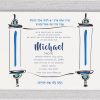 This stunning Bar Mitzvah invitation features a vibrant Torah scroll design in shades of blue and green, symbolizing the sacredness of the occasion. At the top, a powerful verse from the Torah is included, recalling the moment when Hashem gave the Torah to the Jewish people. Within the scroll itself, the invitation details are elegantly presented, with the Bar Mitzvah boy's name prominently highlighted in both Hebrew and English. This design beautifully combines tradition with a fresh, colorful style, making it a memorable keepsake for this special milestone.