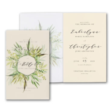 A translucent botanical wrap covers your wedding invitation and gives it an inviting presentation your guests will admire.