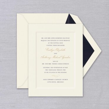 There's no tradition as cherished as celebrating a marriage. And what better way to invite your friends and loved ones than with this beautiful invitation from the Tradition Suite? Classic text paired with a subtle debossed panel border makes a timeless combination. Pair it with the envelope liner of your choice.