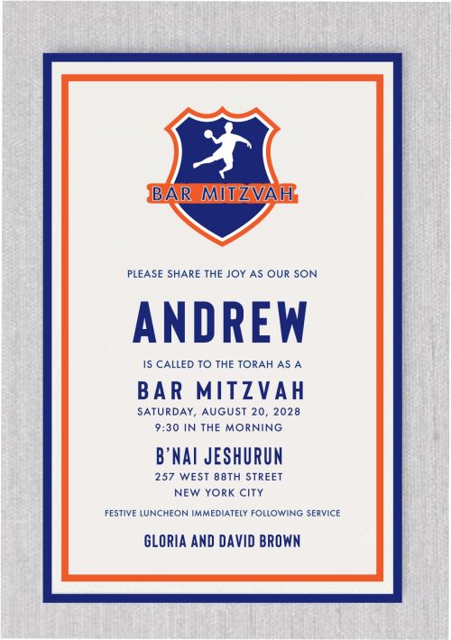 Bold Slam Dunk Basketball Bar Mitzvah Invitation with orange and navy is an excellent choice for the sports enthusiast, this Bar Mitzvah invitation with a sports logo has a collegiate sports feel to its initial design.