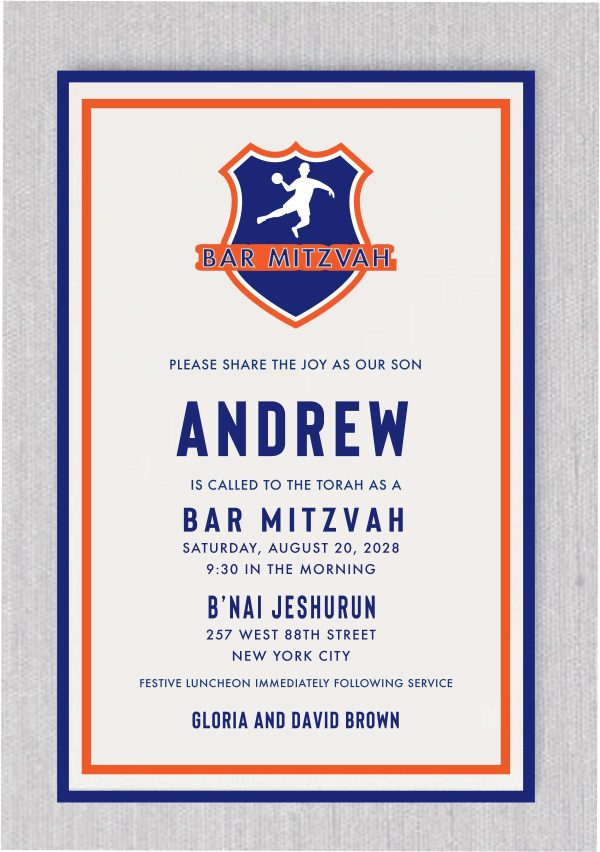 Bold Slam Dunk Basketball Bar Mitzvah Invitation with orange and navy is an excellent choice for the sports enthusiast, this Bar Mitzvah invitation with a sports logo has a collegiate sports feel to its initial design.