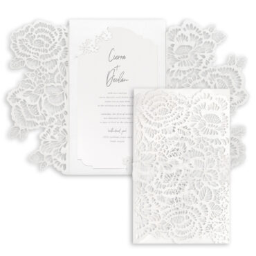 A luxurious white shimmer laser wrap encloses your beautiful wedding invitation! Your guests will admire your blooming style.