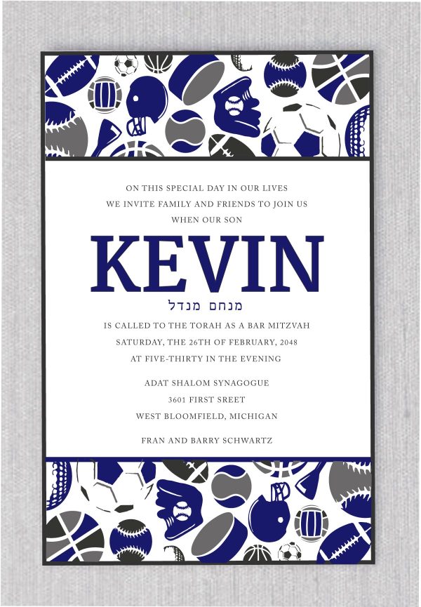 The Mitzvah All Sports Theme Bar Mitzvah Invitation sounds really cool! It showcases a stylish All Sports theme in navy and charcoal colors, with dynamic images of football, soccer, baseball, tennis, and basketball. This invitation is perfect for sports enthusiasts who want to showcase their passion and get everyone excited for the big day. Your guests will surely be impressed by the striking design and attention to detail of this invitation.