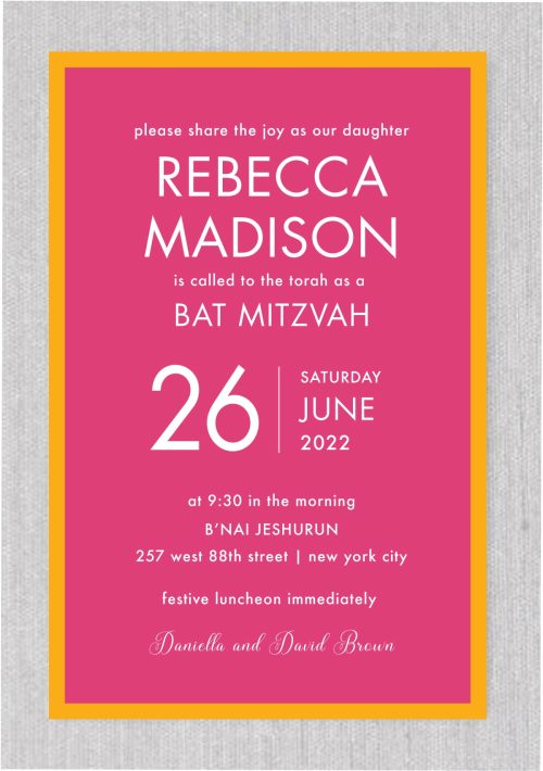 The Modern Marigold and Azula Bat Mitzvah Invitation is a stylish and eye-catching invitation that features fluorescent orange and pink design elements, lending a modern and vibrant touch to your upcoming bat mitzvah event. The layout is contemporary and elegant, making it a unique choice for your celebration. With this invitation, you can be sure to make a statement and get your guests excited about your special day.