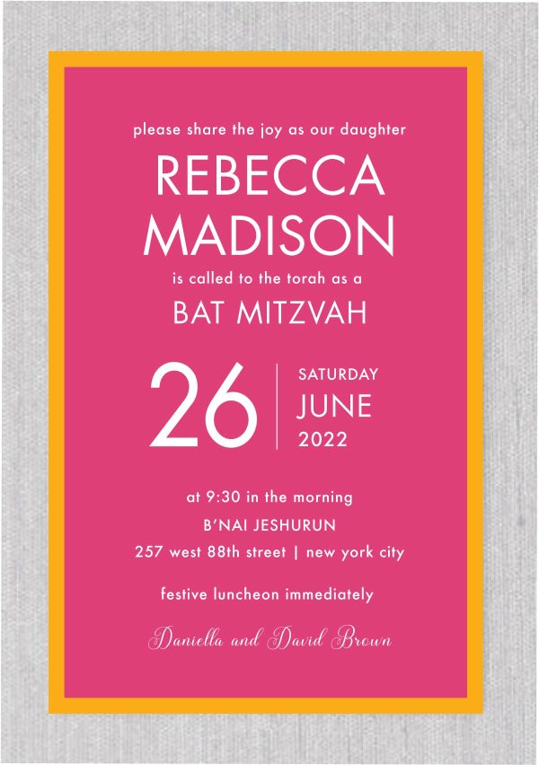 The Modern Marigold and Azula Bat Mitzvah Invitation is a stylish and eye-catching invitation that features fluorescent orange and pink design elements, lending a modern and vibrant touch to your upcoming bat mitzvah event. The layout is contemporary and elegant, making it a unique choice for your celebration. With this invitation, you can be sure to make a statement and get your guests excited about your special day.