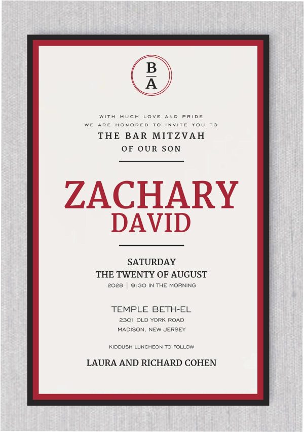 Stand out with this Modern Rad and Black Border Bar Mitzvah Invitation