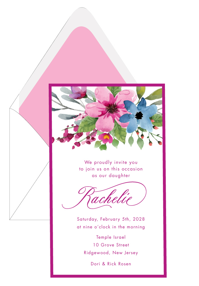 Blue and Pink Watercolor Flowers Bat Mitzvah Invitation