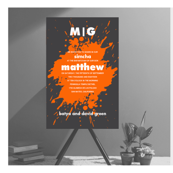 Charcoal and Orange Splash Bar Mitzvah Invitation