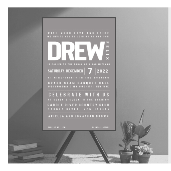 Modern Bar Mitzvah Invitation with Gray and White