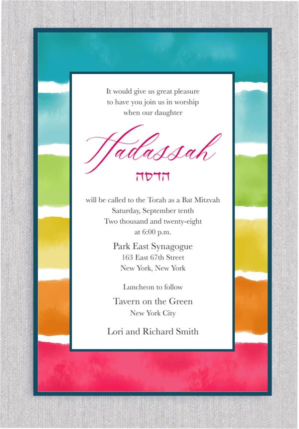 A vibrant and colorful wide rainbow border surrounds this Bat Mitzvah invitation, featuring hues of pink, orange, yellow, green, and soft bluish tones, creating a cheerful and dynamic atmosphere. The name of the Bat Mitzvah is prominently displayed in large, elegant, and fancy type, capturing attention. Below, her Hebrew name is featured in a refined, smaller font. The overall design is fresh, clear, and elegant, perfectly embodying the joyful and celebratory spirit of this special Jewish occasion."