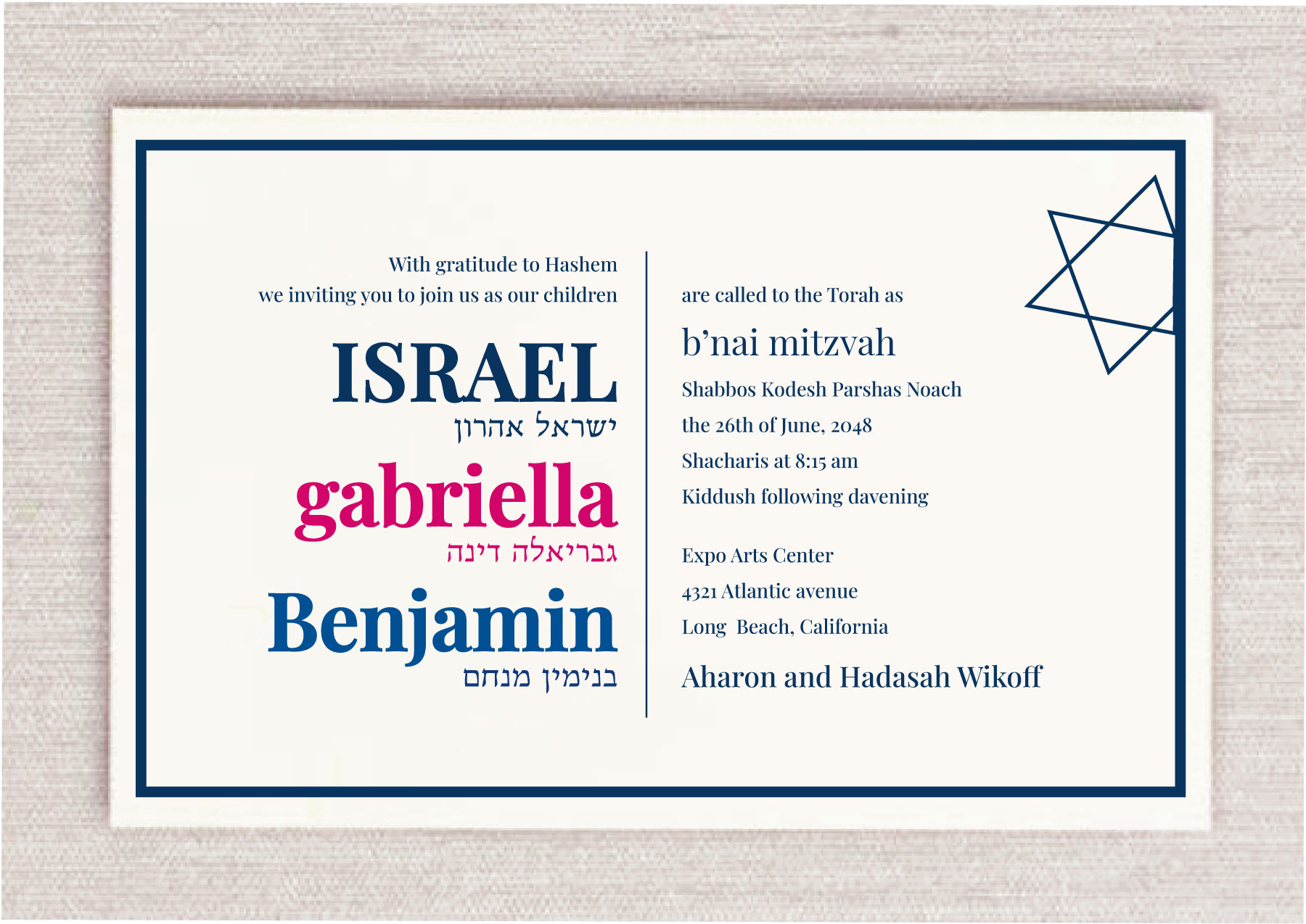 Unique B’nai Mitzvah Invitation: Celebrate this meaningful milestone with a beautifully crafted B’nai Mitzvah invitation designed for both a boy and a girl. The invitation features a sophisticated navy-blue border and a modern Star of David in the corner, adding an elegant and symbolic Jewish touch. Each child is highlighted in their own signature color: The Bar Mitzvah boy name and details appear in rich navy ink. and The Bat Mitzvah girl’s name and details are featured in vibrant hot pink and The Bar Mitzvah boy name and details appear in rich lapis ink. This fresh, modern, and clean design brings contemporary style to a cherished tradition—perfect for announcing a joint B’nai Mitzvah celebration in a memorable and meaningful way.