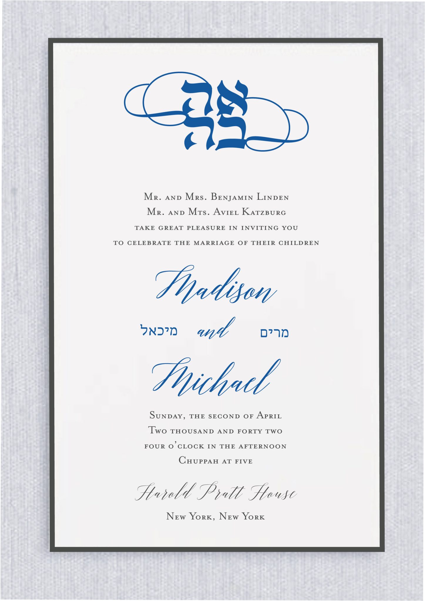 Share your joy with a sophisticated wedding invitation that honors Jewish tradition through a modern and elegant lens. This design is meticulously crafted for printing on high quality paper to provide a tactile and luxurious experience for your guests. At the top of the card the word Ahava in Hebrew is accented by elegant flourish glyphs to create a warm and welcoming header that celebrates your heritage. This invitation is perfect for couples seeking an aesthetic Jewish wedding invitation that combines timeless tradition with clean contemporary style. The names of the bride and groom are highlighted in a beautiful script font to serve as the stunning centerpiece of the layout. Below your names we feature the translation of your Hebrew names and the Hebrew date alongside the venue details in a graceful script to ensure every detail is captured with sophistication. To complete your suite you have the option to order custom hand lined envelopes that perfectly suit this invitation. These premium liners are available in navy black gold and silver to provide a polished final touch and a regal pop of color the moment your guests open their mail. This invitation is the ideal choice for a wedding where heritage and high end craftsmanship come together in perfect harmony.
