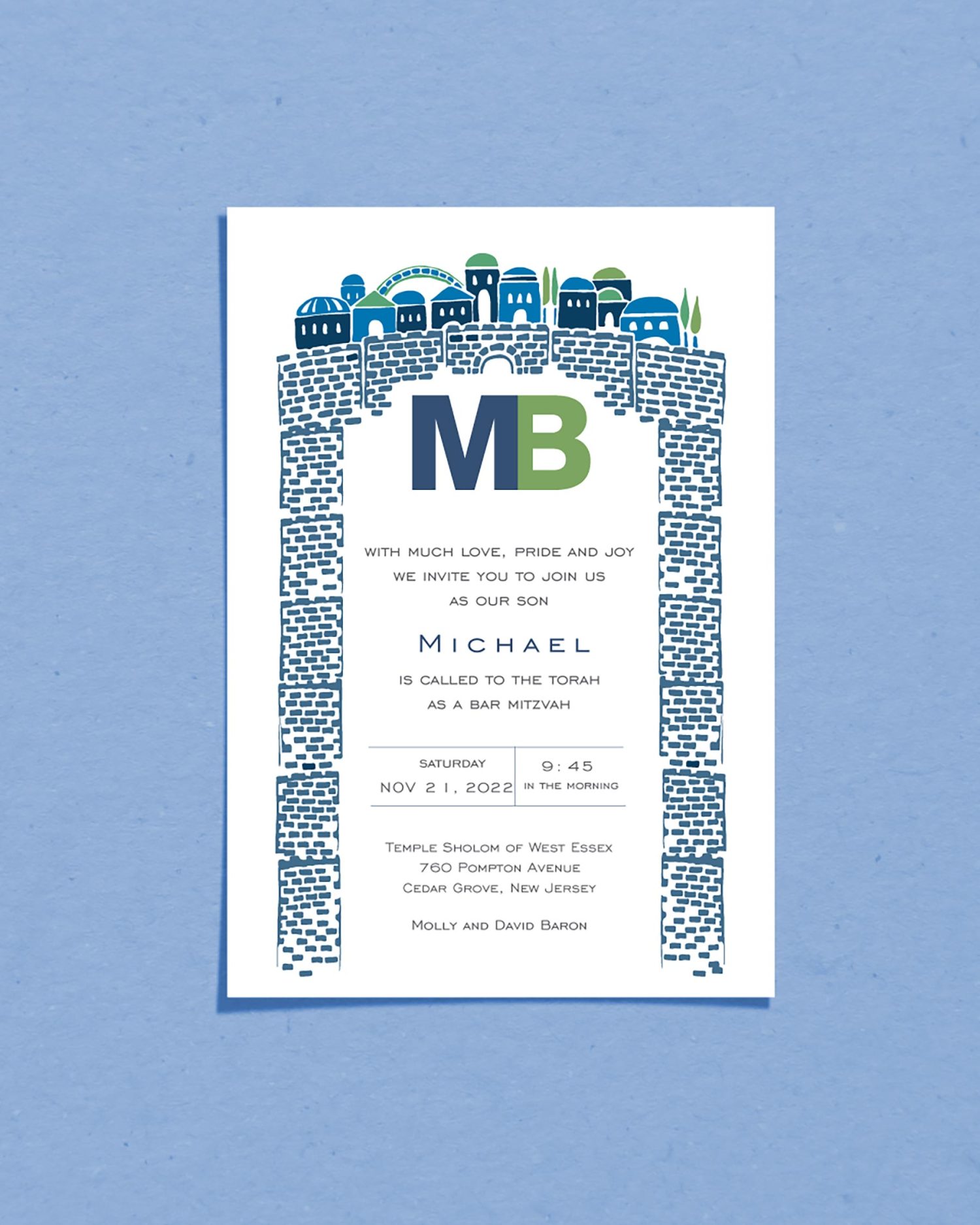 Bar Mitzvah invitation card for Alexander featuring a colorful watercolor illustration of the Kotel Western Wall in Jerusalem Israel with Hebrew and English text on white cardstock with navy border