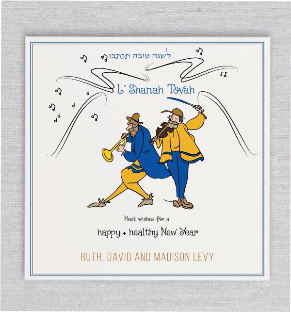 Celebrate the upcoming Jewish New Year with our vibrant cards featuring talented Klezmer musicians. Their lively performance of traditional music brings joy and excitement to your loved ones' hearts. Share these cards to spread the sweetness and blessings of Rosh Hashanah, and let the harmonious melodies of Klezmer music fill their lives with happiness and prosperity.