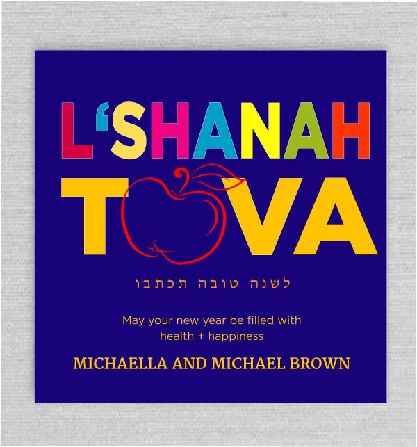 Celebrate the joyous occasion of the Jewish New Year with our vibrant card! Adorned with a large logo of ‘L’Shanah Tova’ in bold, colorful letters and a unique apple logo, this card is sure to spread the spirit of a sweet new beginning for the Jewish new year. The background, a soothing shade of blue, sets a serene tone for the card. Adding a touch of tradition, we’ve included a beautifully illustrated apple, symbolizing a fruitful year ahead.