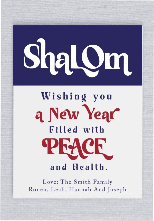Our unique and elegant Rosh Hashanah Jewish New Year cards feature large, bold letters spelling "Shalom," meaning peace, in striking red and blue lettering. The cards also include your signature at the bottom for a personalized touch.