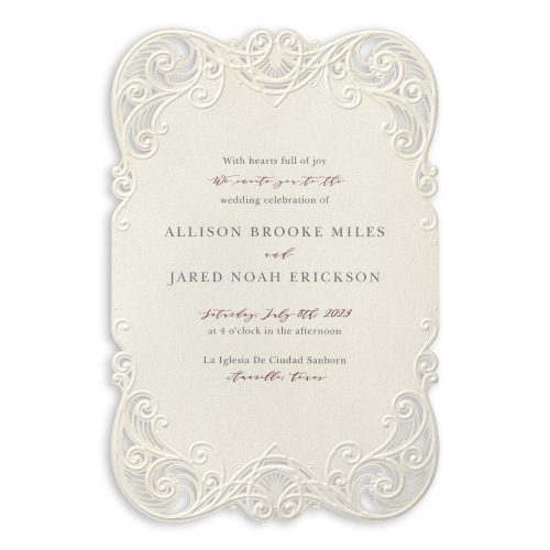 Elegant embossing and laser cut perfection create a gorgeous wedding invitation that will take your breath away!