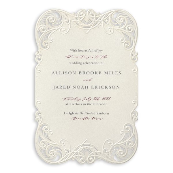 Elegant embossing and laser cut perfection create a gorgeous wedding invitation that will take your breath away!
