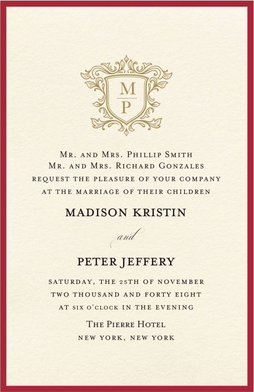 Stunning Red and Gold Monogram Wedding Invitation Make a bold statement with this elegant red and gold wedding invitation, featuring a timeless monogram design. The invitation includes a printed red border by default, with the option to upgrade to a layered red backing upon request. The sophisticated monogram adds a touch of regal charm, while the clean and refined layout ensures a classy, simple, and elegant presentation—perfect for a truly memorable celebration.