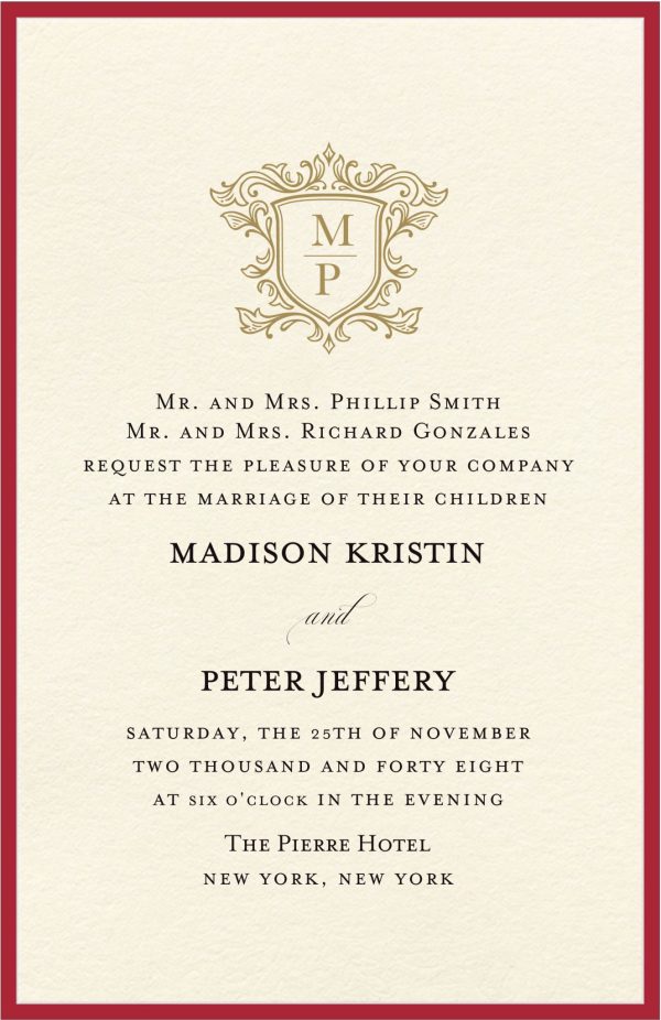 Stunning Red and Gold Monogram Wedding Invitation Make a bold statement with this elegant red and gold wedding invitation, featuring a timeless monogram design. The invitation includes a printed red border by default, with the option to upgrade to a layered red backing upon request. The sophisticated monogram adds a touch of regal charm, while the clean and refined layout ensures a classy, simple, and elegant presentation—perfect for a truly memorable celebration.