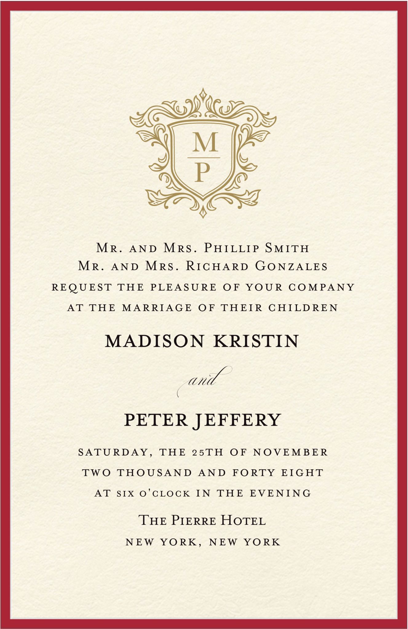 Stunning Red and Gold Monogram Wedding Invitation Make a bold statement with this elegant red and gold wedding invitation, featuring a timeless monogram design. The invitation includes a printed red border by default, with the option to upgrade to a layered red backing upon request. The sophisticated monogram adds a touch of regal charm, while the clean and refined layout ensures a classy, simple, and elegant presentation—perfect for a truly memorable celebration.