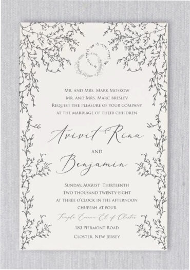 Botanical Chuppah Branches Jewish Wedding Invitation Celebrate your love with a unique Jewish wedding invitation inspired by nature and tradition. Our design features delicate botanical branches forming the shape of a chuppah, symbolizing shelter, love, and commitment. At the top, the couple’s logo or intertwined wedding rings gracefully incorporate the phrase “I am my beloved and my beloved is mine”, elegantly curved to follow the rings’ shape. The names of the bride and groom are showcased in both Hebrew and English, beautifully highlighted among the branches. This invitation is a harmonious blend of tradition, elegance, and natural beauty—perfect for honoring your sacred union.