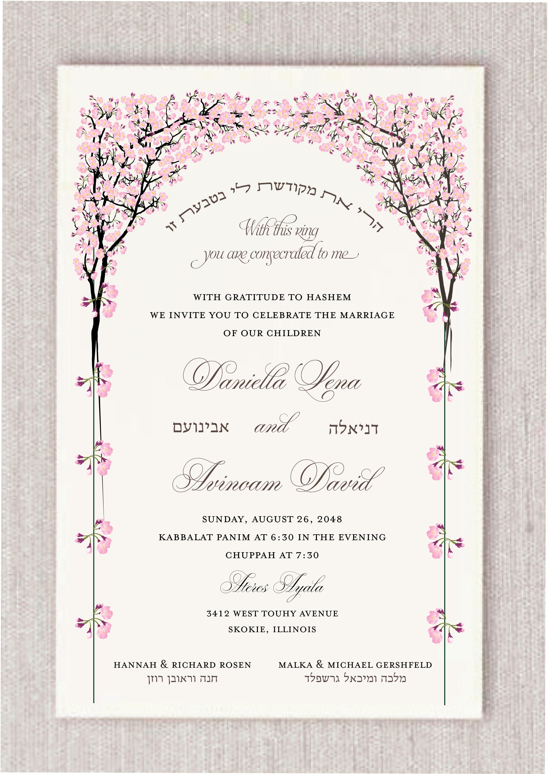 This exquisite Jewish wedding invitation features a stunning cherry blossom Chuppah arch that creates a natural canopy over the sacred marriage vows. The design prominently displays the traditional Hebrew phrase Harei At Mekudeshet Li alongside הרי את מקודשת לי its English translation to serve as a beautiful reminder of the wedding ring ceremony. Regarding the Elegant Typography and Customization: The layout highlights the names of the bride and groom in both sophisticated English script and traditional Hebrew lettering. This special layout includes a dedicated section at the bottom for the names of the parents in Hebrew to honor the families of both the bride and the groom. Clear formatting provides essential information for guests including the Kabbalat Panim and the Chuppah timing. Regarding the Artistic Design: The pink Sakura blossoms symbolize new beginnings and add a soft romantic touch to the religious significance of the document. The combination of delicate floral art and clean modern spacing makes this invitation perfect for a traditional yet stylish ceremony.