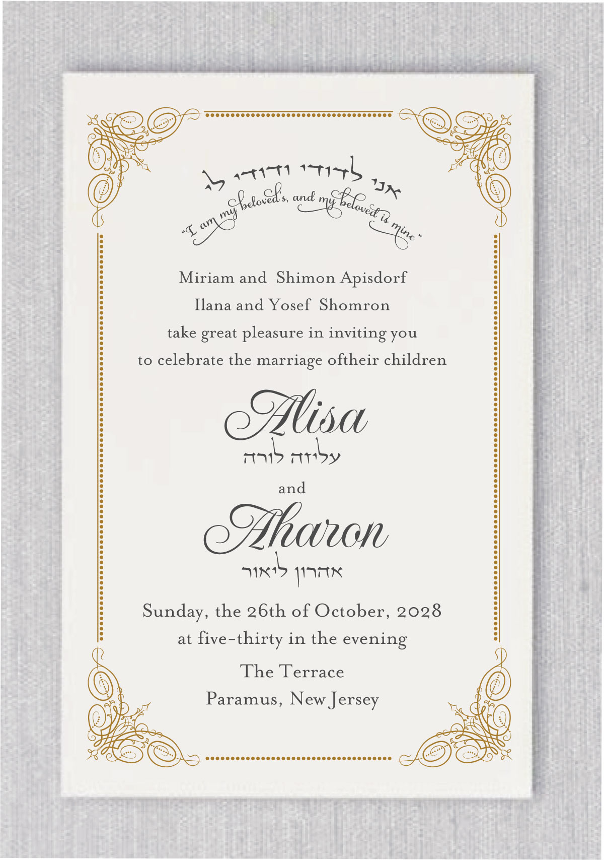 Vintage Antique Gold Frame Jewish Wedding Invitation is a favorite in our Jewish wedding simple but elegant wedding affair. Here, we gave it the “modern, simple and elegant affair” treatment, making it the perfect invitation suite for an elegant, contemporary and fancy affair.