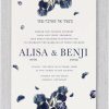 Stunning Jewish wedding invitations adorned with beautiful bluish-toned flowers surrounding the design. At the top, the heading features the heartfelt Hebrew pasook: 'מצאתי את שאהבה נפשיי' ('I have found the one whom my soul loves'). Beneath this, the details of the Jewish wedding celebration are elegantly printed, blending tradition with a modern flair. The bride and groom's names, in both Hebrew and English, are prominently displayed in bold, contemporary typography, creating a stylish and sophisticated look for this memorable occasion.