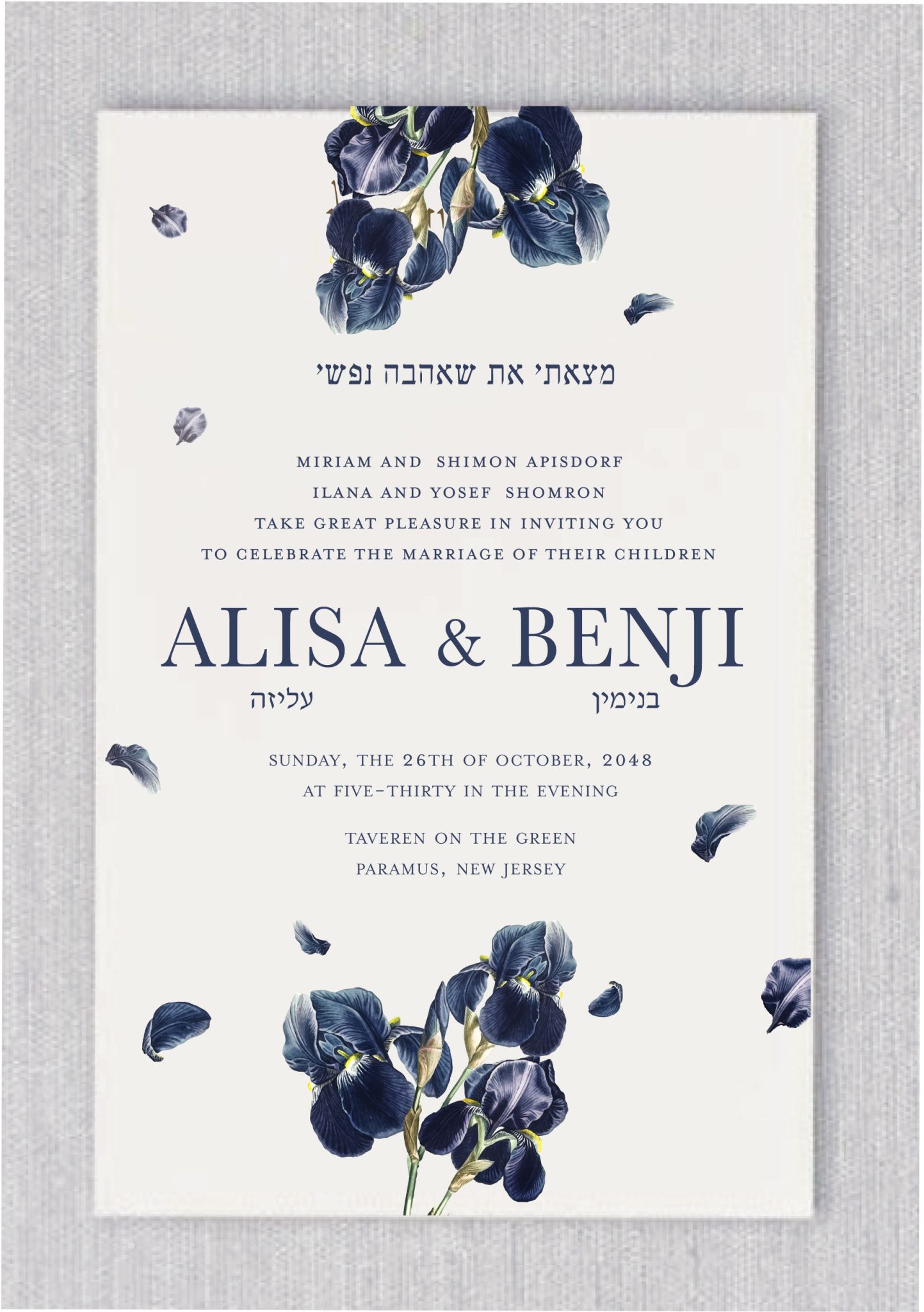 Stunning Jewish wedding invitations adorned with beautiful bluish-toned flowers surrounding the design. At the top, the heading features the heartfelt Hebrew pasook: 'מצאתי את שאהבה נפשיי' ('I have found the one whom my soul loves'). Beneath this, the details of the Jewish wedding celebration are elegantly printed, blending tradition with a modern flair. The bride and groom's names, in both Hebrew and English, are prominently displayed in bold, contemporary typography, creating a stylish and sophisticated look for this memorable occasion.