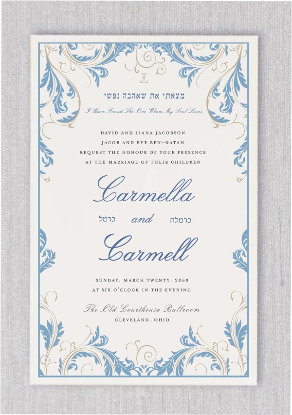 This perfect blend of Jewish and Hebrew elements features a vintage and elegant frame border in gold and Nantucket blue. Our beautiful wedding invitation showcases the verse "I have found the one whom my soul loves" in both Hebrew and English. The names of the bride and groom are displayed in a fancy, elegant font with Hebrew script, making it an exquisite choice for a sophisticated Jewish celebration.
