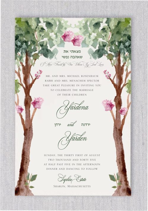Celebrate your sacred union with this stunning Jewish wedding invitation featuring a watercolor Tree of Life (Etz HaChaim) — a timeless symbol of love, connection, and tradition. In this unique design, two watercolor trees gracefully merge into one, representing the beautiful joining of two souls beneath the chuppah. At the top of the tree, a romantic verse from Shir HaShirim (Song of Solomon) is written in elegant Hebrew script: "מצאתי את שאהבה נפשי" — “I have found the one whom my soul loves.” Soft, blooming watercolor florals grow from the branches, symbolizing the couple’s blossoming love. The names of the bride and groom appear in fancy English calligraphy, with their Hebrew names thoughtfully placed beside them in a refined, traditional font — blending modern romance with deep cultural roots.