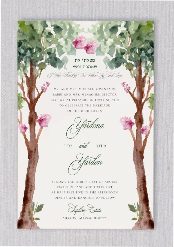 Celebrate your sacred union with this stunning Jewish wedding invitation featuring a watercolor Tree of Life (Etz HaChaim) — a timeless symbol of love, connection, and tradition. In this unique design, two watercolor trees gracefully merge into one, representing the beautiful joining of two souls beneath the chuppah. At the top of the tree, a romantic verse from Shir HaShirim (Song of Solomon) is written in elegant Hebrew script: "מצאתי את שאהבה נפשי" — “I have found the one whom my soul loves.” Soft, blooming watercolor florals grow from the branches, symbolizing the couple’s blossoming love. The names of the bride and groom appear in fancy English calligraphy, with their Hebrew names thoughtfully placed beside them in a refined, traditional font — blending modern romance with deep cultural roots.