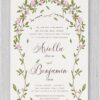 Botanical Greenery and Roses Chuppah Jewish Wedding Invitation features a gorgeous a beautiful quote in Hebrew text read: “Ani Ledodi V'Dodi Li