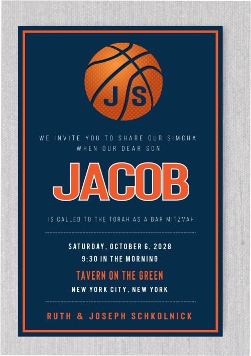 modern basketball-themed Bar Mitzvah invitation in bold navy and orange, ideal for sports enthusiasts or Mets fans. The design features a large basketball, elegantly framed by a monogram. This invitation is perfect for a basketball or sports-themed celebration and can be customized with different colors upon request.