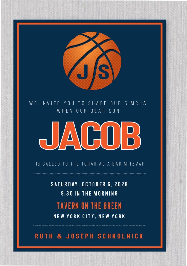 modern basketball-themed Bar Mitzvah invitation in bold navy and orange, ideal for sports enthusiasts or Mets fans. The design features a large basketball, elegantly framed by a monogram. This invitation is perfect for a basketball or sports-themed celebration and can be customized with different colors upon request.